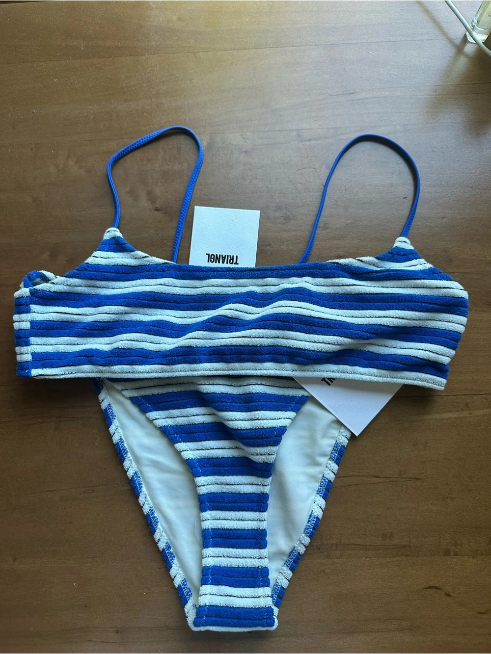 Triangl Swimwear Blue & White Striped Ribbed Bikini Top